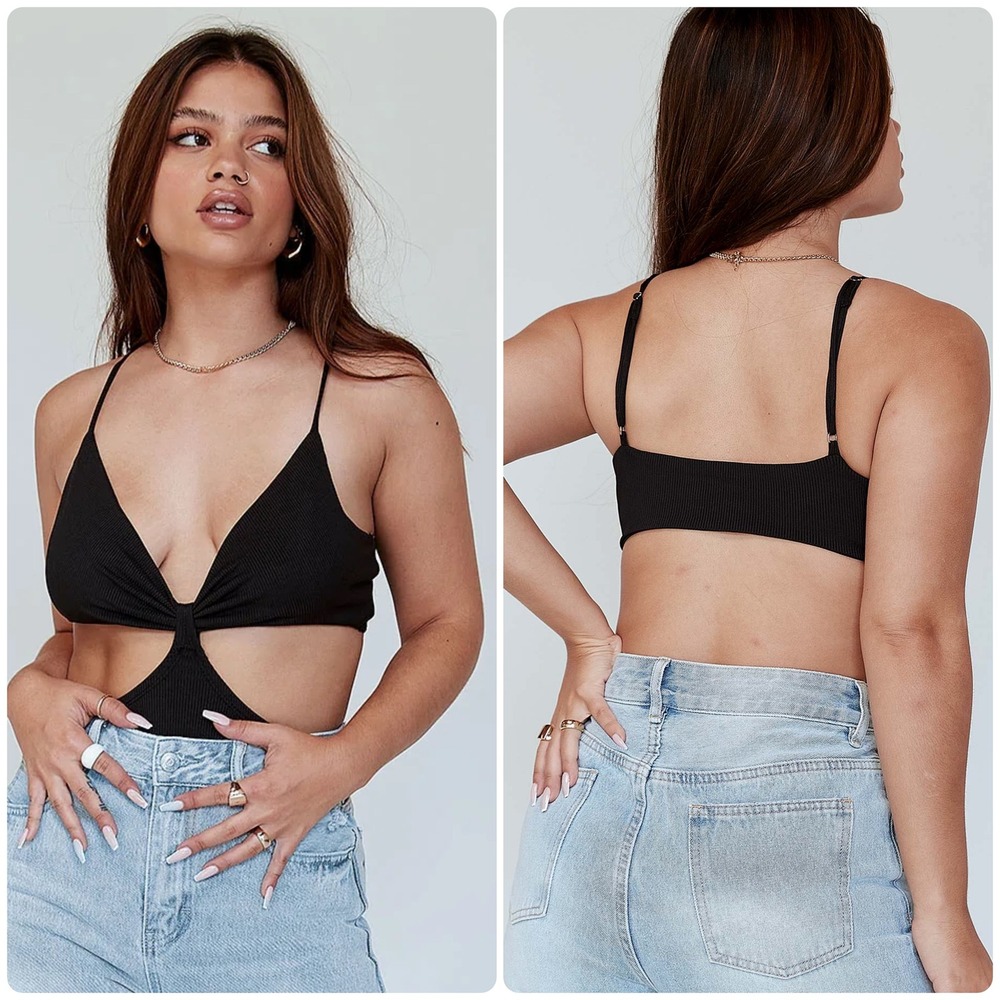 NWT Princess Polly Womens Ribbed Knot Front Cutout River Bodysuit Size 6‎ Black
